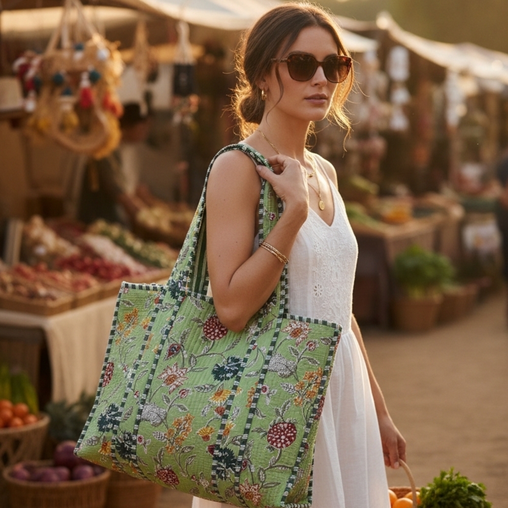 Floral Green Handmade Cotton Tote Bag